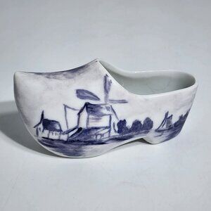 Dutch Ceramic Clog Shoe Figurine Hand Painted Blue & White Windmill